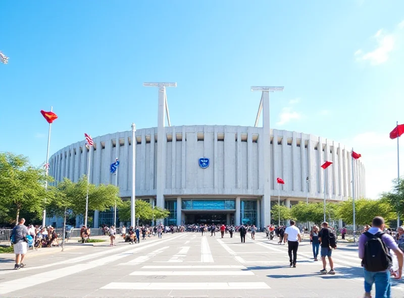 Exterior view of the Santiago Bernabéu stadium in Madrid, Spain, on a sunny day.