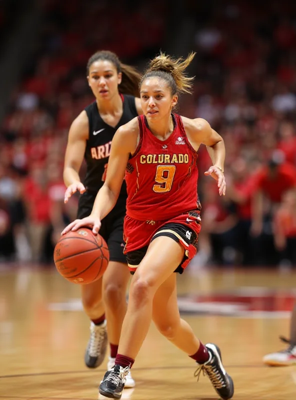 A basketball game in progress, focusing on a player in a Colorado Buffaloes jersey dribbling the ball against a defender from Arizona.