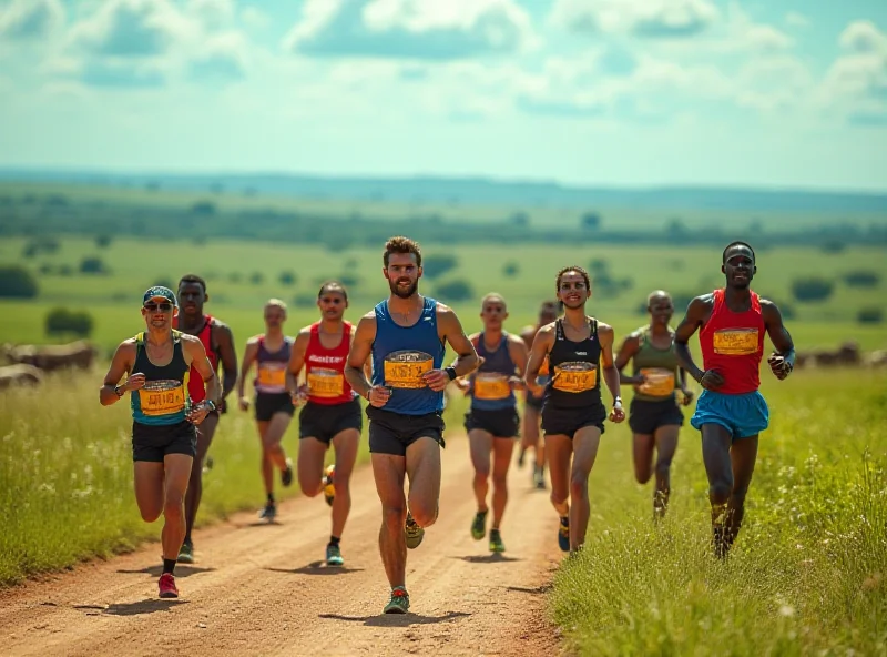 A group of runners participating in a marathon in Uganda, with a backdrop of lush green landscapes and wildlife.