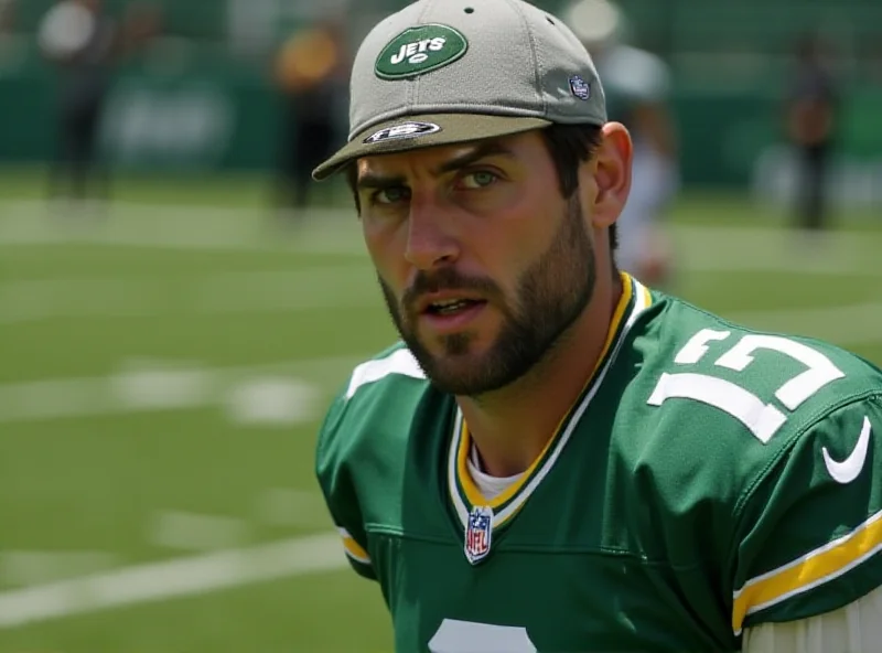 Aaron Rodgers on the field, looking determined, wearing a football uniform.