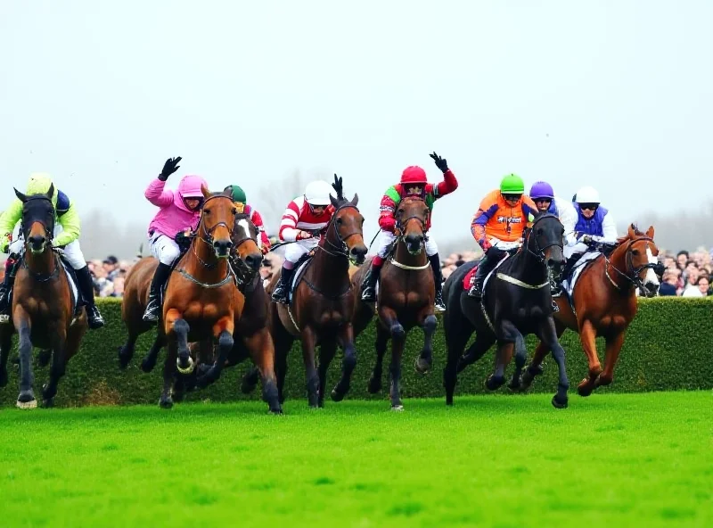 A dramatic horse race scene, with horses and jockeys leaping over a hurdle during the Cheltenham Festival.