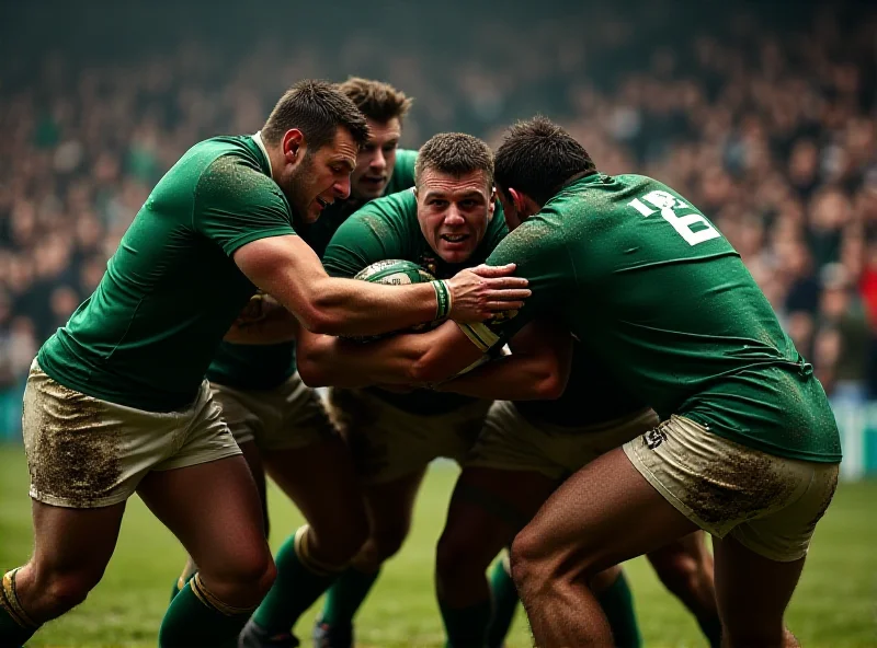 Rugby players in a scrum during a match between Ireland and France