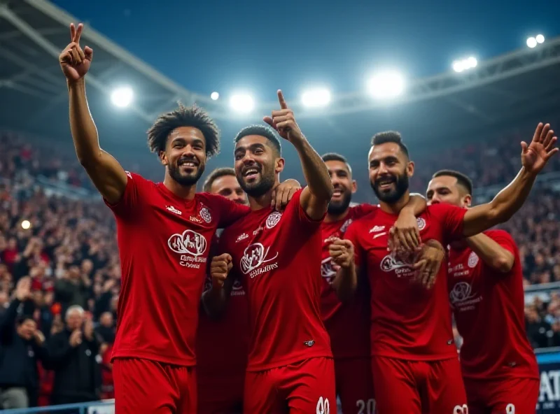 Soccer players celebrating a goal during a Europa League match, specifically Lyon against FCSB