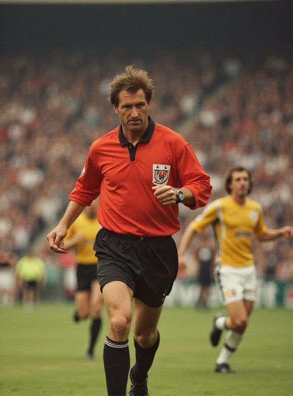 A photograph of Tullio Lanese in his referee uniform, officiating a soccer match.