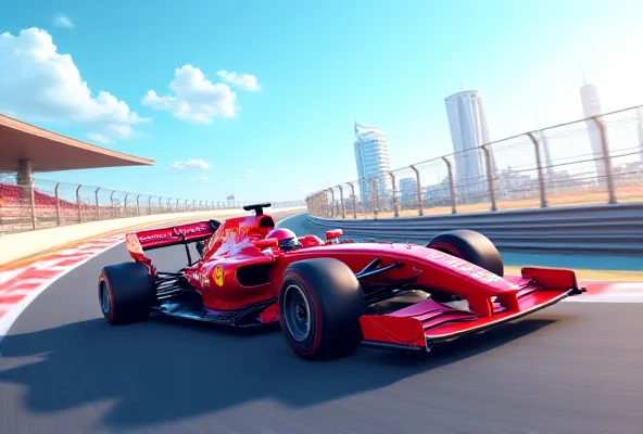 A digital illustration of a Formula 1 car speeding around a track with the Bahrain skyline in the background.