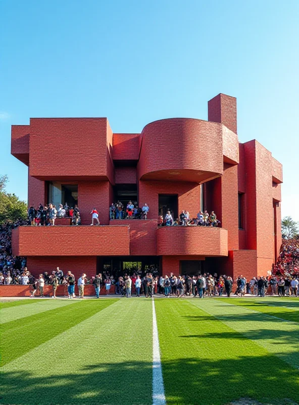 Exterior view of a modern redbrick stadium stand with a unique architectural design.