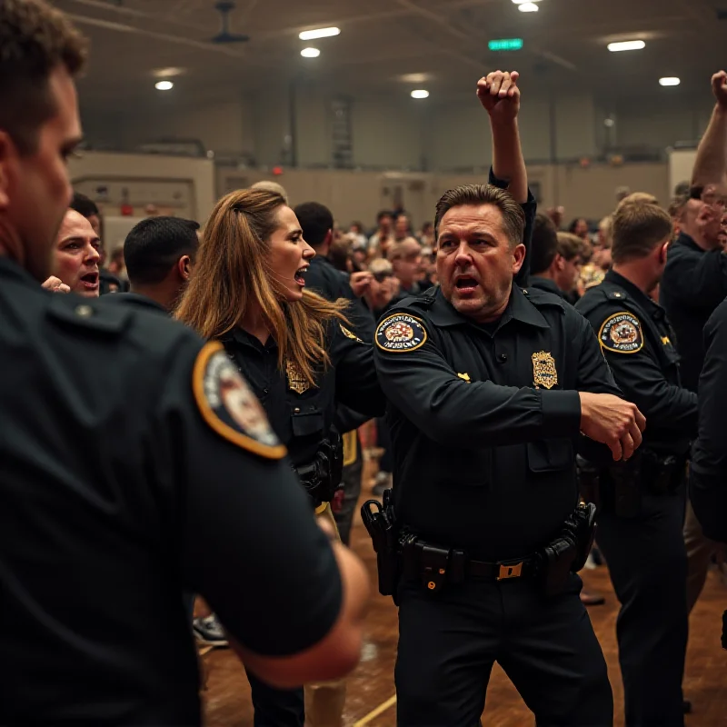 A chaotic scene of people arguing and pushing during a cheerleading competition, with police officers attempting to restore order.