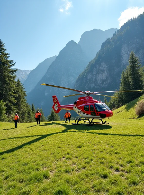 A rescue helicopter landing in a mountainous area