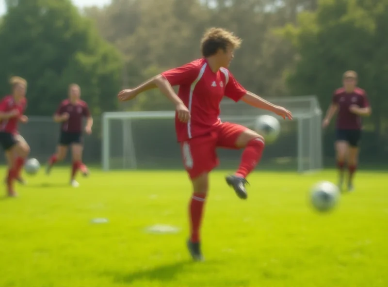 A soccer player kicking a ball during a game.