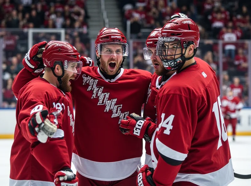 Winthrop hockey players celebrating a goal, high-fiving and cheering.