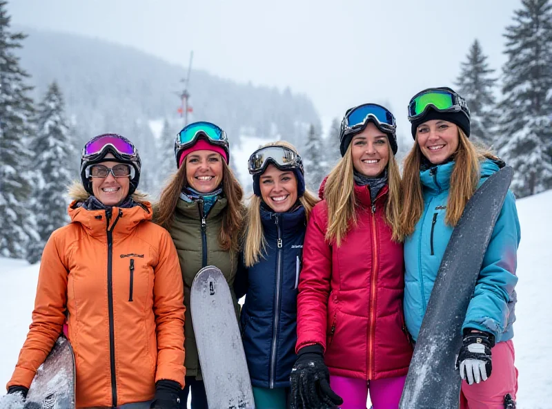 A group of women skiers and snowboarders on a snowy mountain, smiling and enjoying the day.