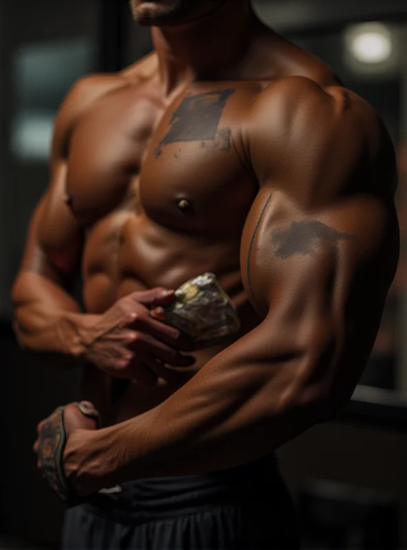 Close-up of a bodybuilder applying tanning paint to their muscular physique.