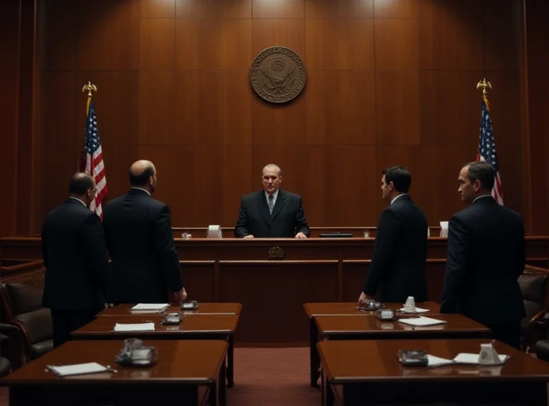 Courtroom scene with two defendants standing before a judge, lawyers present, and somber expressions on faces. The courtroom is wood-paneled with American flags visible.