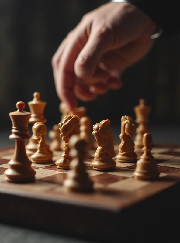 Close-up of a chessboard with pieces arranged in a complex position, illuminated by soft light. A hand reaches out to make a move, blurring slightly in motion.