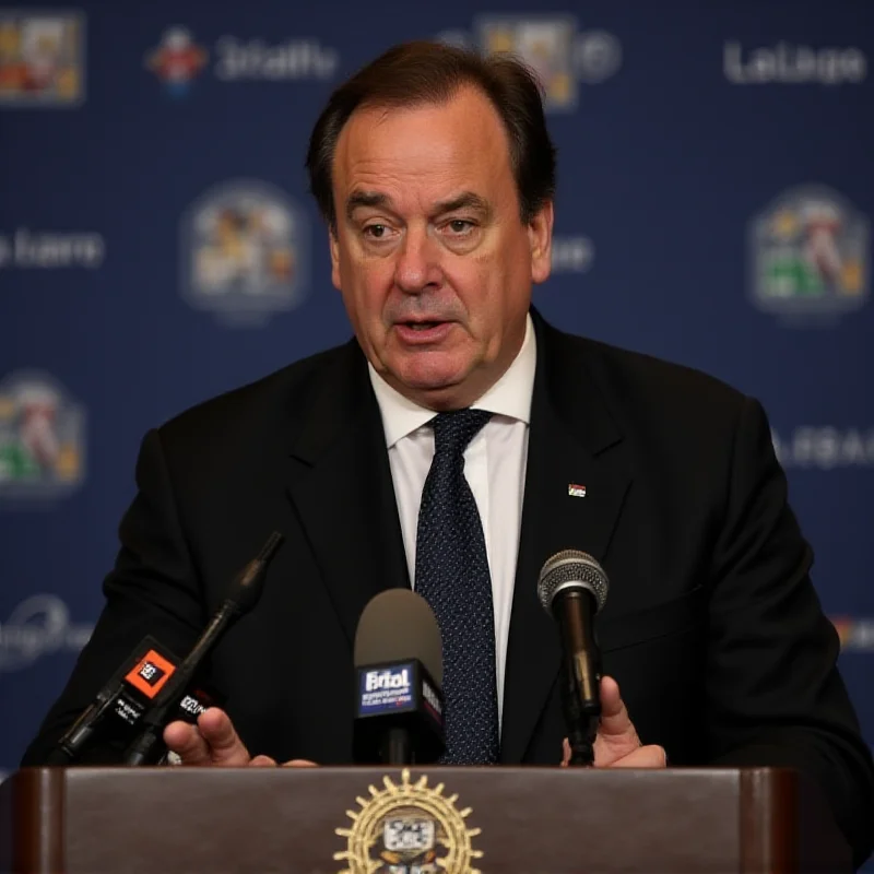 Javier Tebas giving a press conference, standing at a podium with La Liga logos. He is wearing a suit and tie, speaking with a serious expression. Microphones are in front of him, capturing his words.