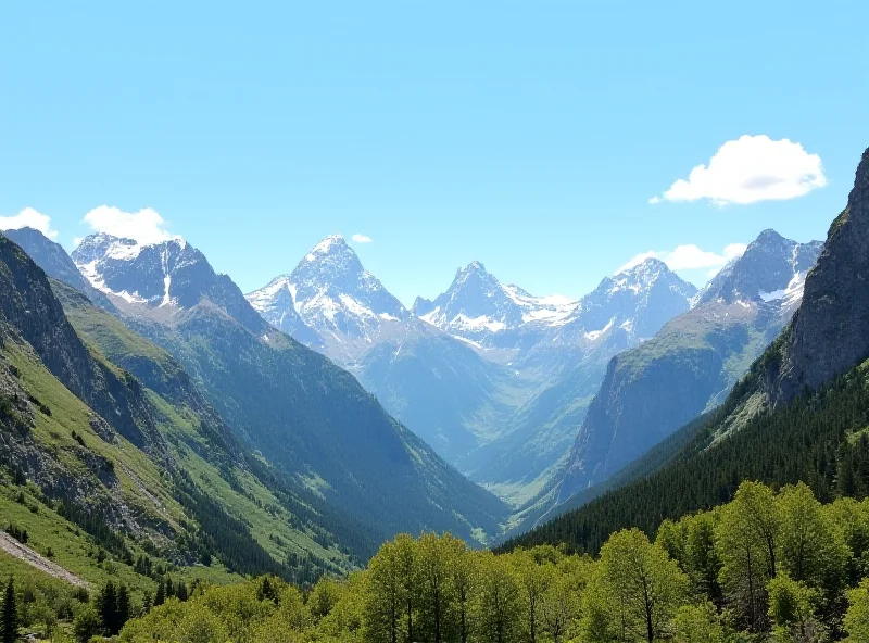 A majestic mountain range in the Pyrenees, with snow-capped peaks and a clear blue sky.