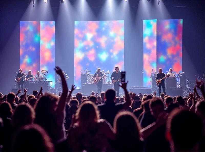 A vibrant concert scene with Coldplay performing on stage, surrounded by colorful lights and enthusiastic fans.