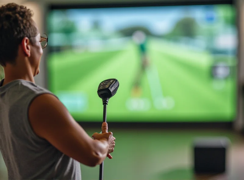 A person using a Phigolf Home Golf Game Simulator Sensor in their living room.