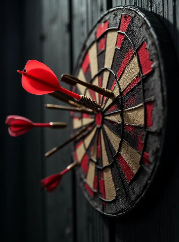 A close-up shot of a dartboard with darts clustered near the bullseye.