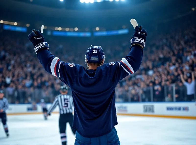 Hockey player celebrating a goal in a packed arena