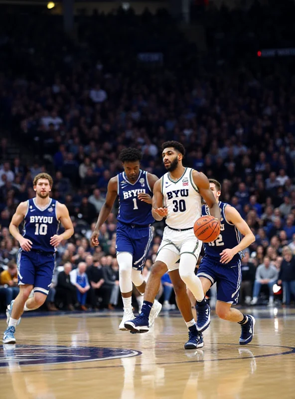 A basketball game with a team in BYU jerseys