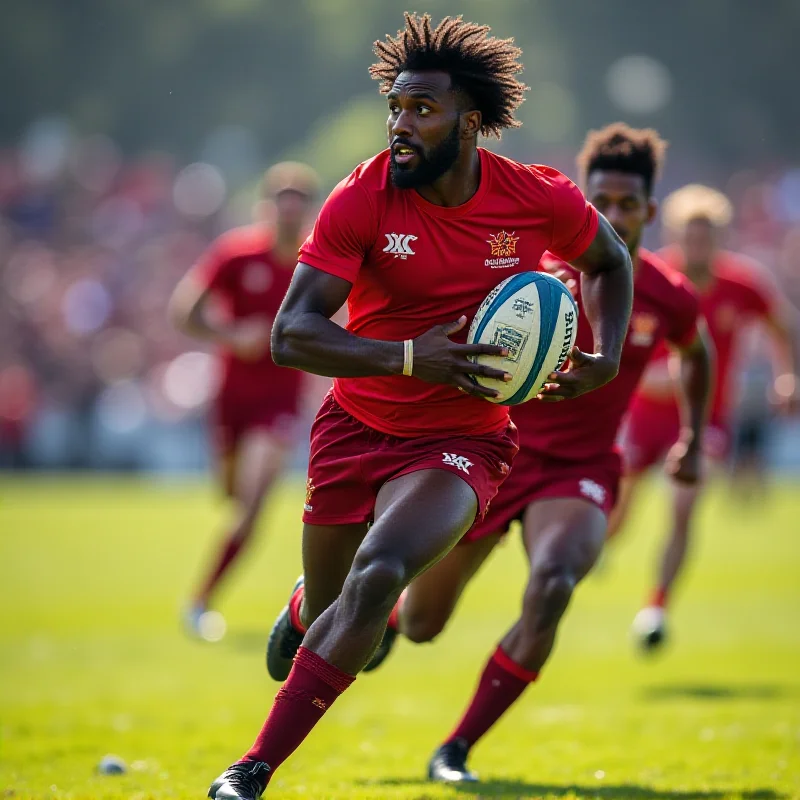 A rugby player running with the ball during a game.