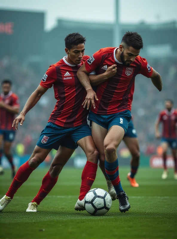 A tense moment during a football match with players vying for the ball