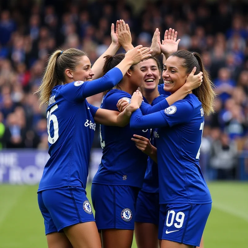 Chelsea players celebrating a WSL victory