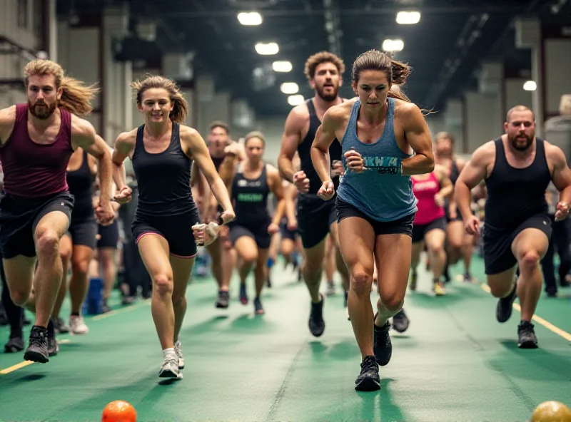 People participating in a Hyrox event, running and performing exercises.