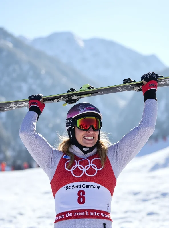 Emma Aicher celebrating her World Cup win in downhill skiing, holding her skis aloft.