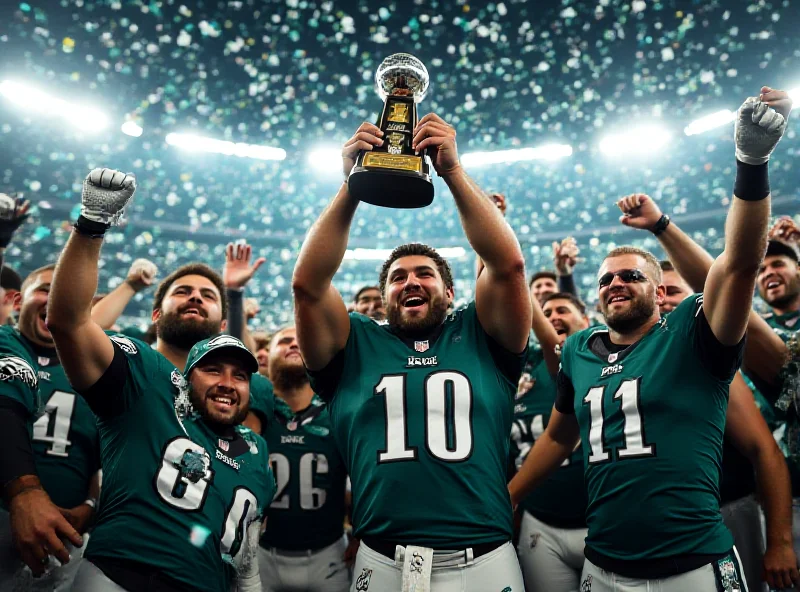 The Philadelphia Eagles celebrating their Super Bowl win with confetti falling.