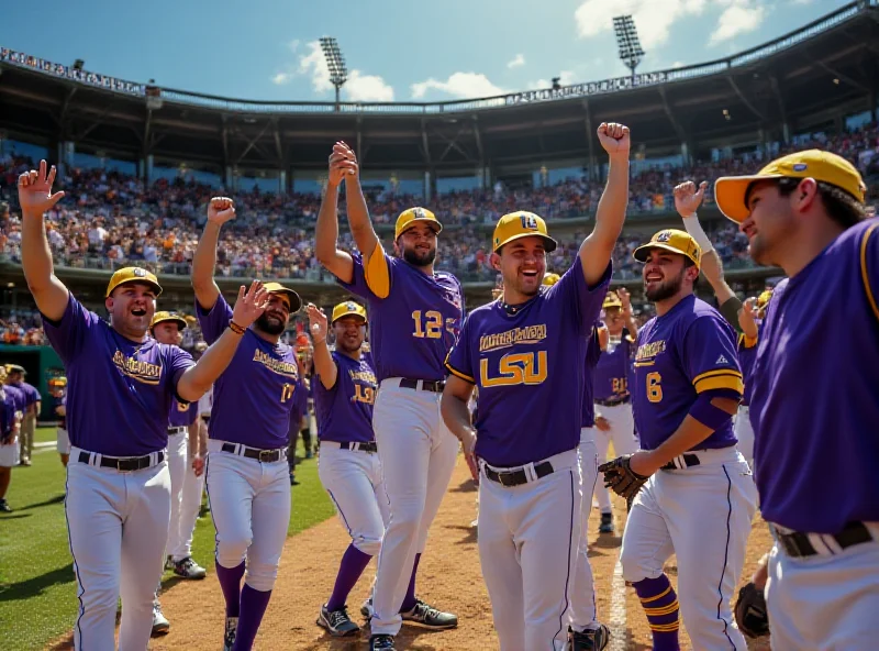 LSU Tigers celebrating a baseball victory at home plate