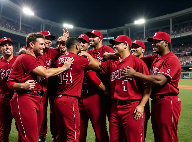 Stanford baseball team celebrating their win on the field