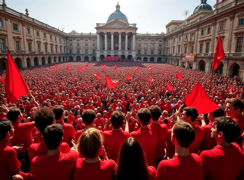 A wide shot of Piazza Castello in Milan, packed with Ferrari fans cheering and waving flags, with Lewis Hamilton visible on a stage.