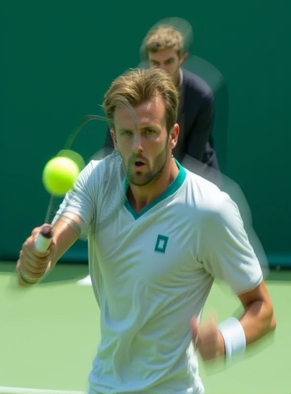 Jannik Sinner on the tennis court, looking focused and determined, with his coach Marco Panichi observing from the sidelines.