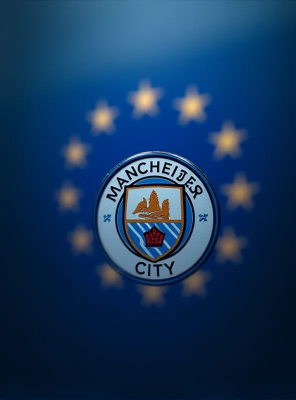 The Manchester City logo with the European Commission flag in the background, suggesting a financial investigation.