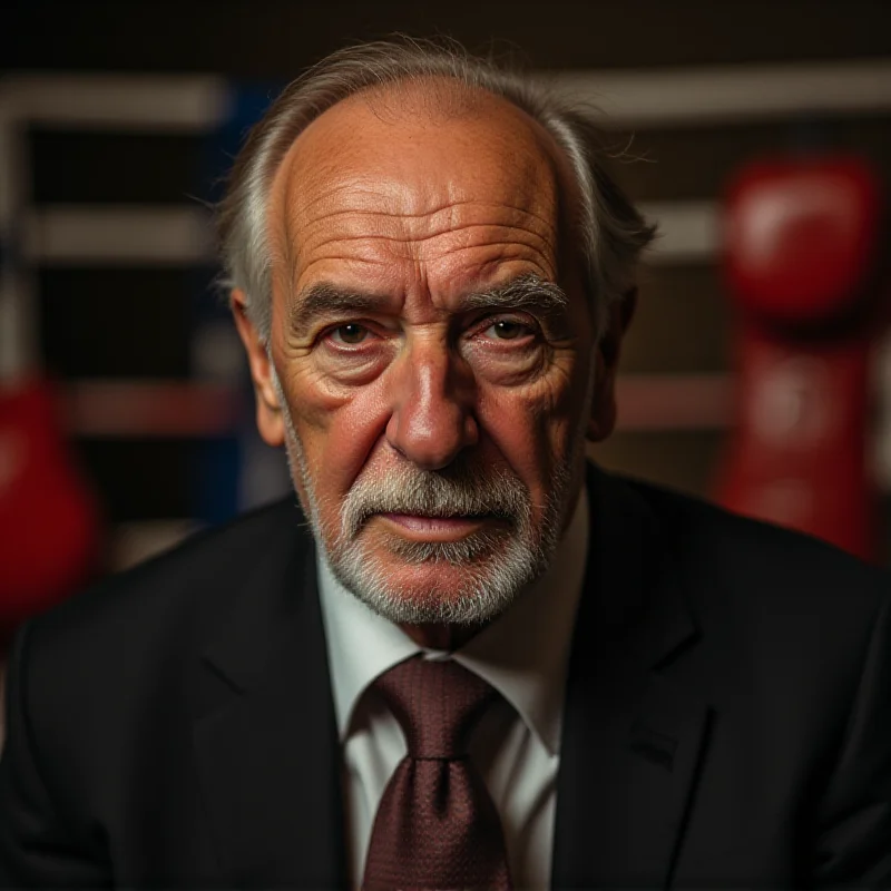 A close-up portrait of Salvatore Cherchi, an elderly Italian man with a determined expression, wearing a suit and tie, with boxing gloves visible in the background.