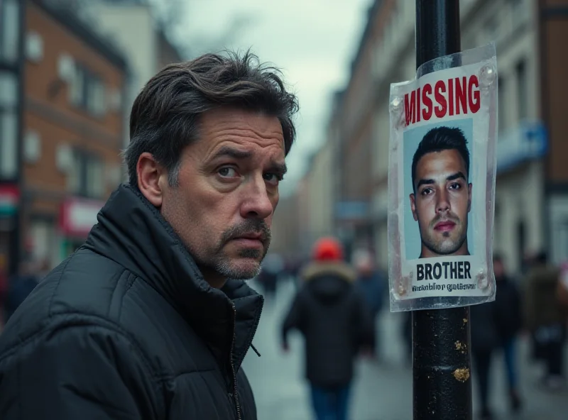 Distressed man looking at a missing person poster with a photo of his brother on it.