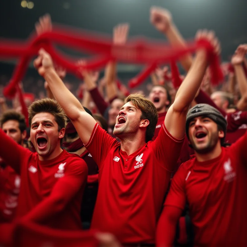 Fans of Liverpool cheering in a stadium, holding up scarves and celebrating a goal.