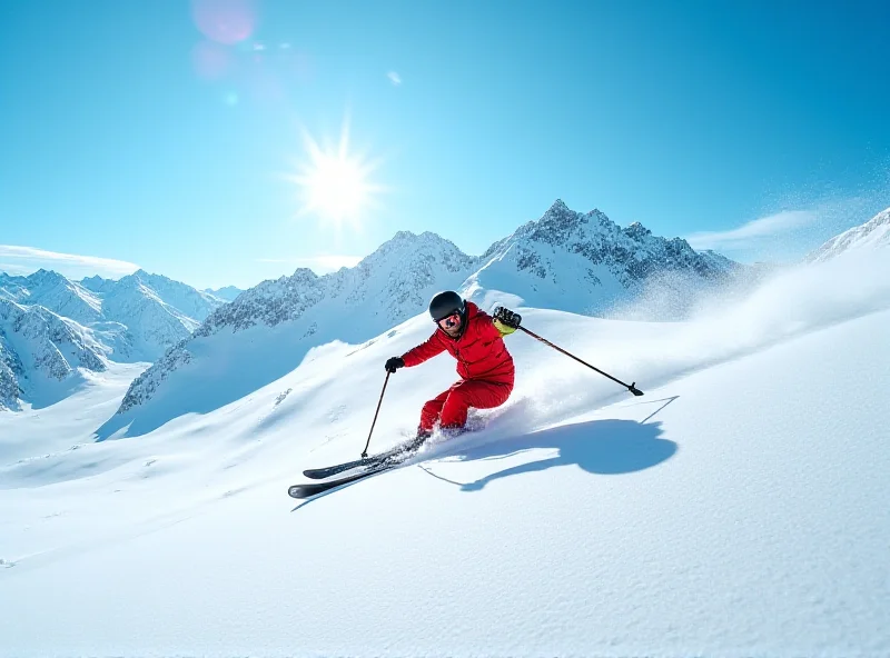 A skier enjoying a sunny day on the slopes, with snow-covered mountains in the background.