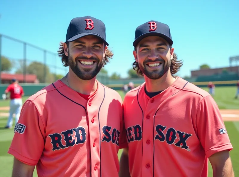 Trevor Story and Marcelo Mayer standing on a baseball field during spring training, both smiling.