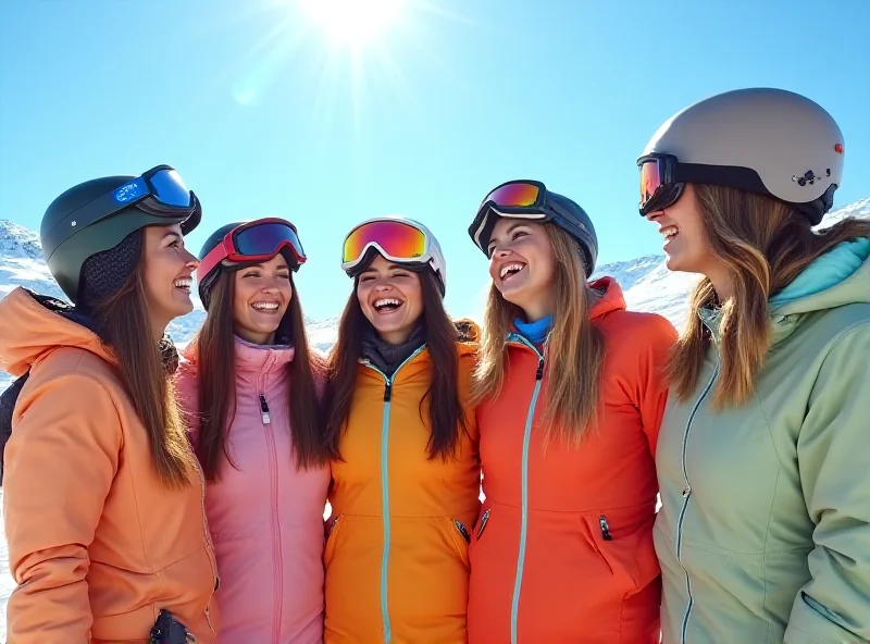 A group of women skiers laughing and talking together at the base of a ski mountain on a sunny day.