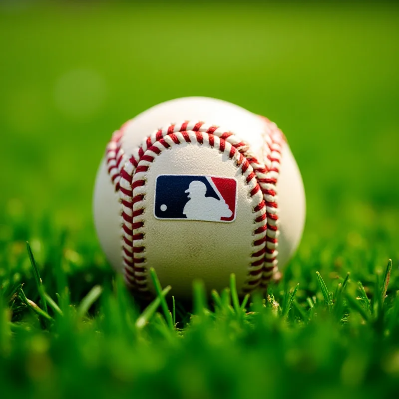 Close-up of a baseball with the MLB logo, resting on a green baseball field