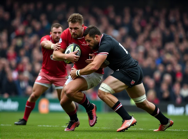 A rugby player making a tackle during a Six Nations match.