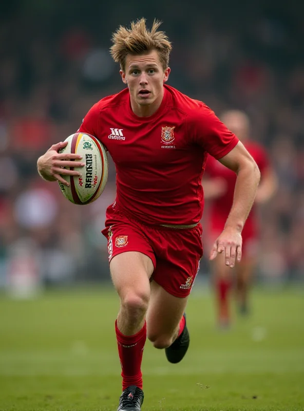 Ellis Mee running with the ball during a rugby match.