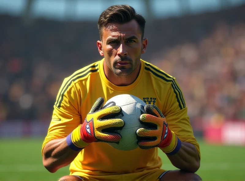 A football goalkeeper holding the ball in their hands, looking at the referee with a concerned expression.