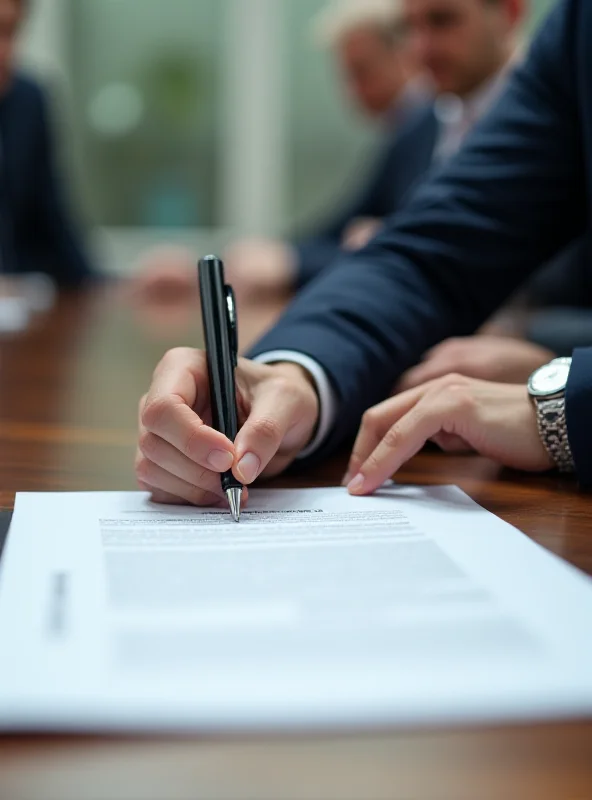 A close-up of a hand signing a document with a pen, with blurred figures in the background giving the impression of a formal meeting.