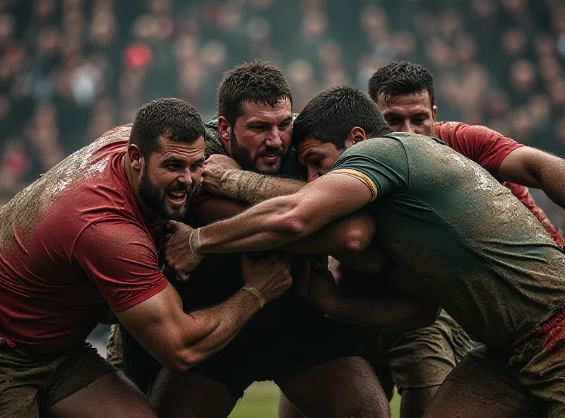 Close-up action shot of a rugby scrum during a match