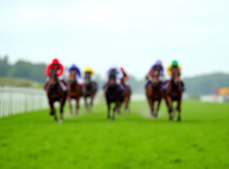 A jockey races a horse across a green field with other horses in the background, under a cloudy sky.