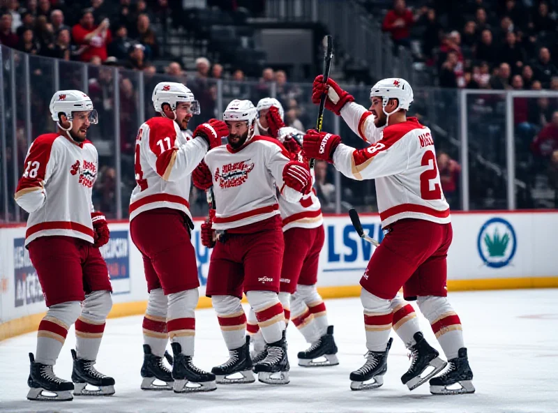 A hockey team celebrating a goal on the ice, with players jumping and hugging each other.